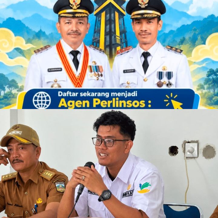 Ketua Tim Kabupaten Solok Selatan PSNK Kementerian Sosial RI, Khairul Azhar Dt. Antoso bersama Camat Sangir Abul Abas saat sosialisasi Agen Perlinsos. Ardi/TimAs